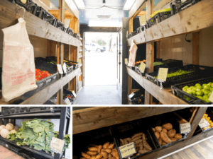 Inside Toms Creek Mobile Market featuring vegetables 