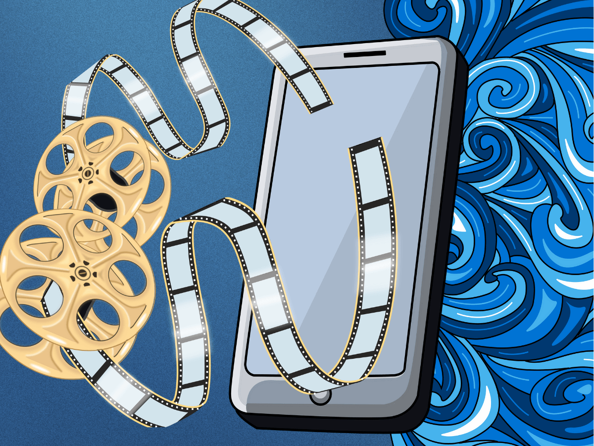Columbia Streams Art Competition Poster. Vintage film reels flowing into smartphone with artsy waves coming out the other side of the phone.