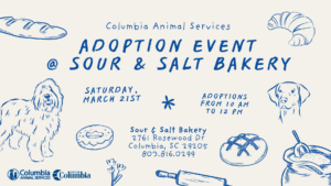 Graphic for animal adoption event. Has dog icons and bakery item icons, colored in blue. 